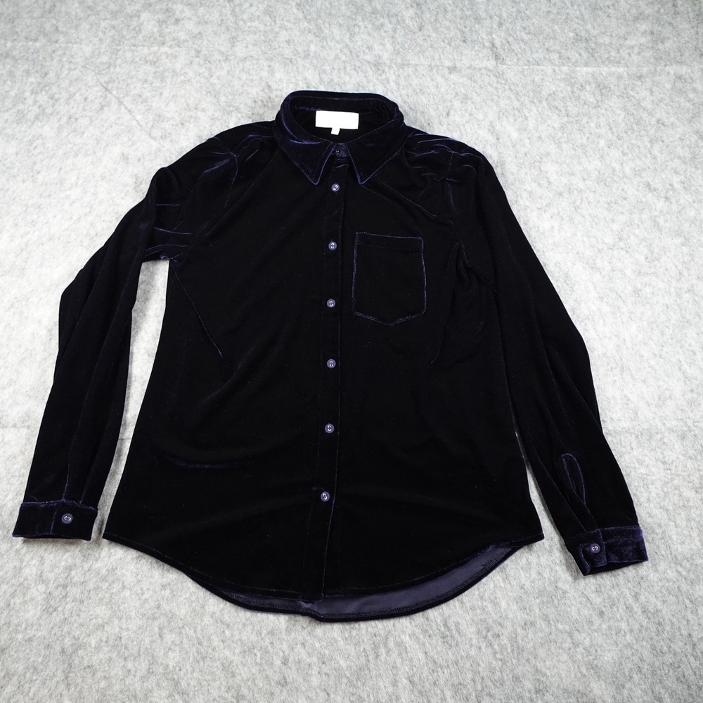L Academie Top Women Extra Small Navy Blue Velvet Button Down Long Sleeve Blouse
